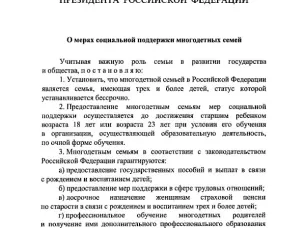 Президент России подписал указ о статусе многодетных семей и определил меры их поддержки